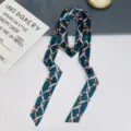 Detail of Korean style spring summer thin decorative ribbon silk scarf, chic hair accessory. - Chain Dark Green