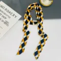 Korean style geometric print thin ribbon scarf, versatile silk twilly for decoration use. - Diamond Navy Yellow
