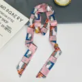 Chic pink skinny silk scarf featuring cute cat window print, perfect versatile hair band. - Cat Pink