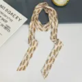 Elegant narrow silk scarf with chic leaf print, versatile twilly ribbon for neck or hair wear. - Ears of Wheat Beige