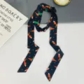Chic narrow silk scarf with cute fox print, versatile ribbon for hair, neck, or bag styling. - Little Fox Black