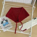 Korean style hollow out knit triangle scarf breathable cute headscarf for daily wear - Wine Red