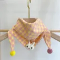 Cute baby plaid scarf with bunny plush detail, soft cotton neck warmer for spring children. - Pink Yellow Rabbit Plaid Triangle Scarf