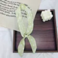 Vintage polka dot ribbon scarf with pearl accent, stylish long neckerchief for women. - White Polka Dot Green Base