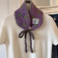 Korean cute candy color tie knitted small scarf, cozy autumn winter fuzzy polka dot neck warmer. - Purple and Green / 15*53cm