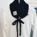 Knitted winter plush scarf bib with lovely ribbon ties, warm and stylish detail view. - Black / 15*53cm