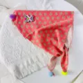 Kids autumn winter triangular scarf cute rabbit print baby bib with colorful pom poms decor - Rose Red Rabbit
