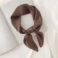 Solid color satin square scarf, elegant brown neck scarf, minimalist fashion hair band accessory. - Coffee