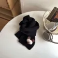 Kids winter warm knitted scarf with cute bear decor, stylish black student neck warmer. - Black