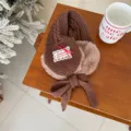 Brown winter plush warm children earmuffs with cute bow and comfortable knitted headband - Coffee