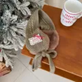 Kids winter knitted earmuffs with plush lining and cute ribbon bow, khaki warm ear covers. - Khaki