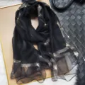 Black shimmering long silk scarf women lightweight sheer shawl fashion sun protection wrap - Black with Gold Edge
