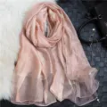 Elegant women's thin pink silk shawl scarf, lightweight translucent sun protection accessory. - Gold-Trimmed Nude Pink