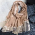 Women lightweight long khaki scarf elegant mulberry silk shawl spring fashion sun protection gauze - Champagne with Gold Edge