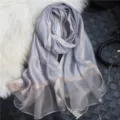Long thin silk scarf women elegant grey shawl with gold glitter border spring autumn style - Gold Edge Light Grey