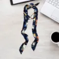 Korean style skinny silk scarf cat print twilly neck ribbon hair band for women spring summer - Navy Blue Cat