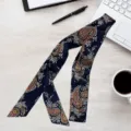 Korean style spring summer skinny scarf paisley floral twilly neck ribbon hair band for women - Paisley Orange Navy