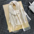 Elegant women long champagne silk scarf, lightweight sheer shawl for spring autumn sun protection. - Gold Edge Beige