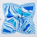 Close-up detail of the blue and white striped square silk scarf with elegant swirl pattern. - Sky Blue White Striped