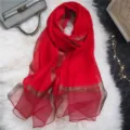 Red thin silk scarf for women, elegant long shawl with metallic gold border, stylish sun protection. - Red with Gold Trim