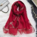 Elegant red long silk scarf with shiny glitter stripes, stylish lightweight shawl for women. - Gold-Trimmed Jujube Red