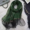 Dark green metallic shimmer long thin scarf, elegant gradient sheer shawl for women. - Gold-Trimmed Colorblock Dark Green