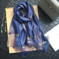 Blue mulberry silk long shawl scarf with metallic stripes and beaded edge for women. - Beaded Gold-Trimmed Navy Blue