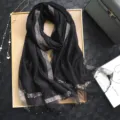 Black shimmering long scarf shawl for women, elegant thin gauze design for spring autumn. - Beaded Gold-Trimmed Black