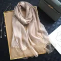 Champagne sheer silk scarf with delicate beaded edge, elegant lightweight long shawl. - Beaded Gold-Trimmed Champagne