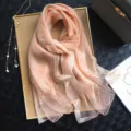 Peach pink silk scarf, long sheer shawl, elegant women's neck wrap with sparkly metallic threads. - Beaded Gold-Trimmed Snow Bud