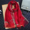 Red thin shawl scarf with glitter stripes and delicate pearls for women sun protection. - Beaded Gold-Trimmed Jujube Red