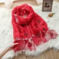 Red silk scarf for women, long lightweight shawl with delicate butterfly embroidery and elegant design. - Beaded Gold-Trimmed Bright Red