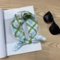 Pañuelo cuadrado de algodón a cuadros verde y azul, estilo coreano para la primavera. - Pañuelo Cuadrado de Algodón 58*58Y / Cuadrícula Lineal Azul Pequeño Verde Grande