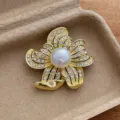 Vintage pearl rhinestone flower brooch detail view, exquisite gold tone accessory for outfits. - Flower Brooch(N-56) / Gold
