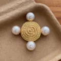 Vintage gold tone pearl brooch detail shot, elegant textured round brooch pin accessory. - Round Brooch(N-56) / Gold