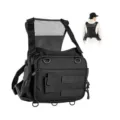 Tactical fishing chest pack detail, mesh back strap, multi-pocket design, black gear storage bag. - Black