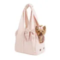 Pink pet carrier bag for small dogs, lightweight puppy tote bag with bow detail. Detail view. - Pink
