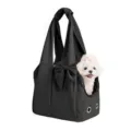 Stylish black pet carrier bag for small dogs, lightweight tote with bow and breathable holes. - Black