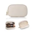 Detalles del neceser de maquillaje de cuero PU beige con bolsillo de red y cremallera. - Blanco Roto