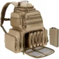 Detailed view of khaki tactical backpack featuring multi compartments and inner tackle boxes. - Khaki