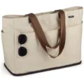Bolso tote de lona beige con asas marrones y bolsillos, gran bolsa de playa y viaje. - Beige