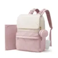 Détail du sac à dos à langer matelassé rose avec tissu doux, tapis de change et pochette assortie. - Rose