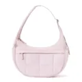 Detailed view of the pink quilted crescent hobo bag, showing puffy texture and adjustable strap. - Lotus Pink