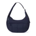 Dark blue quilted shoulder bag with soft puffy texture, front zip pocket and adjustable strap. - Navy Blue