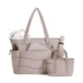 Large capacity quilted tote bag set with multiple pockets, lightweight commuter travel bag. - Camel