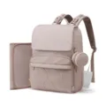 Vue détaillée du sac à dos à langer taupe élégant avec matelas à langer et poche matelassée. - Kaki