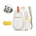 White quilted pickleball backpack with separate shoe compartment and tennis paddle pocket. - Off White