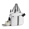 Detail view of white sports backpack featuring separate tennis racket holder and shoe compartment. - White