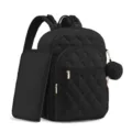 Vue détaillée du sac à dos à langer matelassé noir avec tapis de change assorti et zips. - Noir