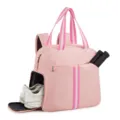 Pink tennis backpack detail showing bottom shoe compartment and side racket pocket for sports. - Pink